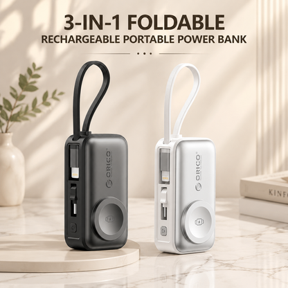 3-in-1 Folding Chargeable Portable Power Bank with Integrated Cable