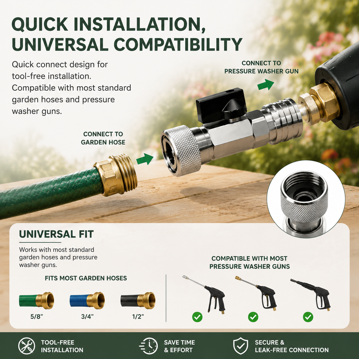 Garden Hose Shut Off Valve to Mini Power Washer Adapter, 3/4" GHT to 1/4" Quick Connect