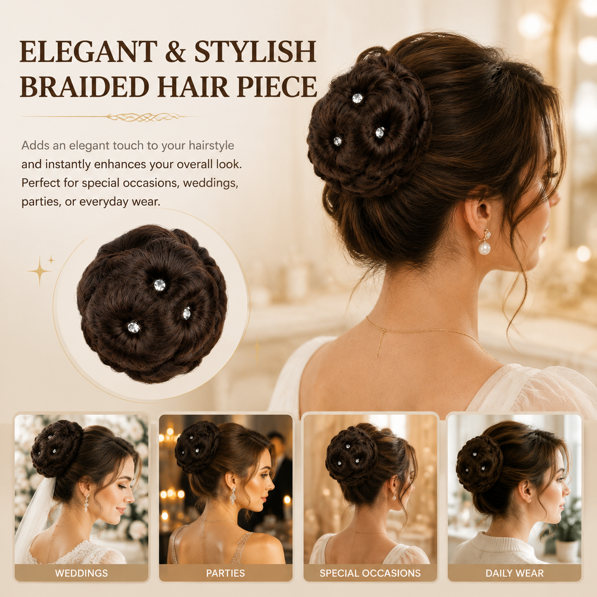 Women's clip-on hair bun with rhinestone-accented synthetic claw clip