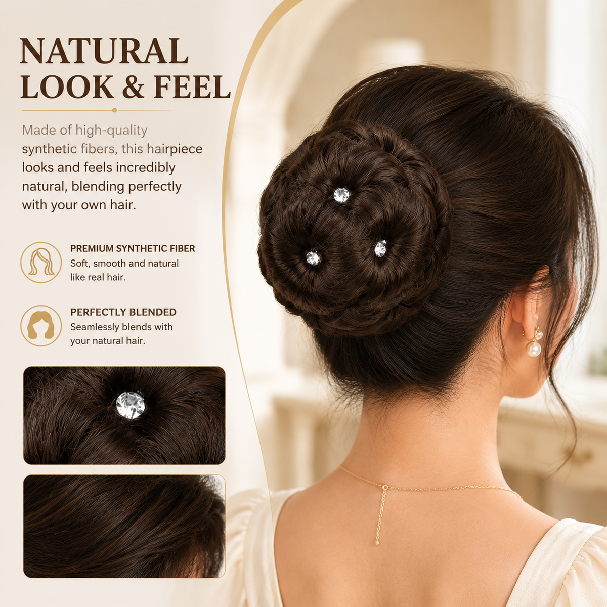 Women's clip-on hair bun with rhinestone-accented synthetic claw clip