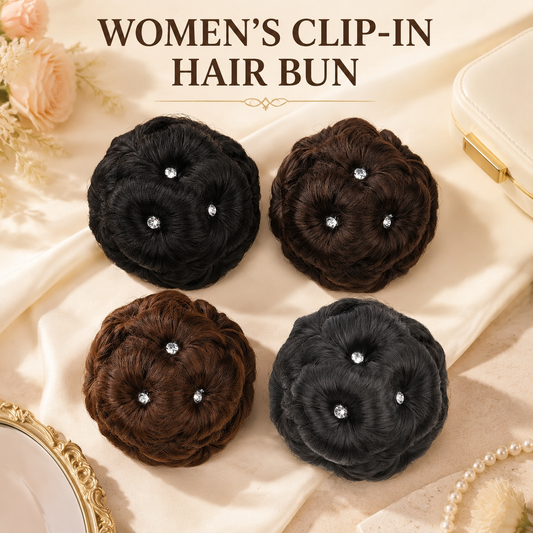 Women's clip-on hair bun with rhinestone-accented synthetic claw clip