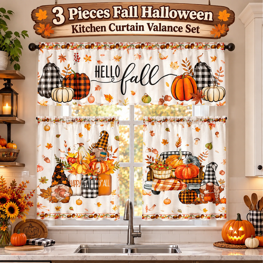 3 Pcs Fall-Halloween Kitchen Curtain Valance Tiers Set