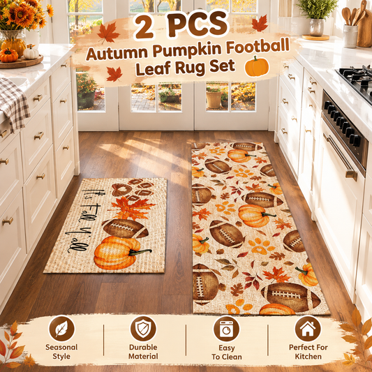 2 Pcs Autumn Pumpkin Football Maple Leaf Floor Mat Set