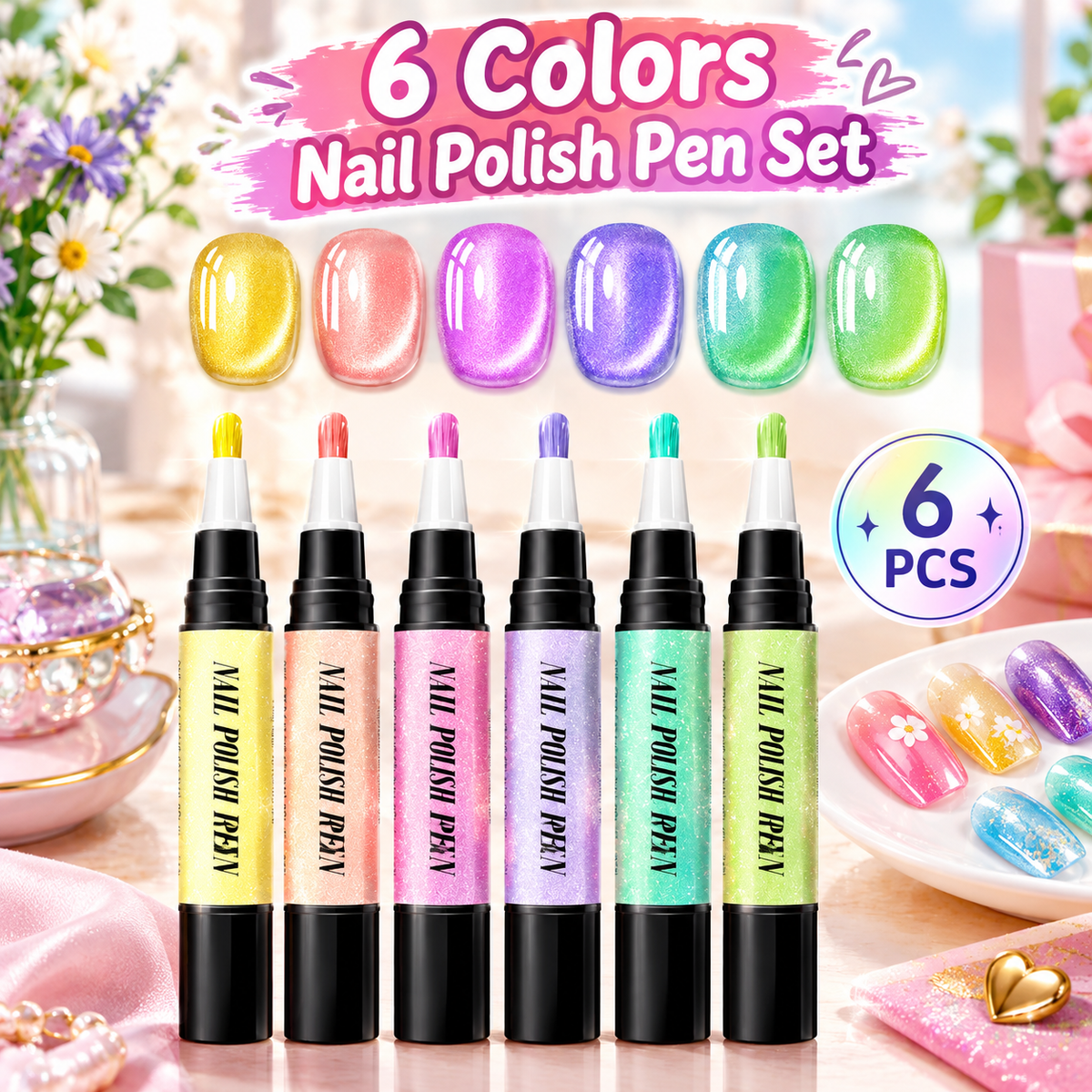 6 Colors Gel Nail Polish Pens, One Step Quick Dry UV Gel Nail Polish Set