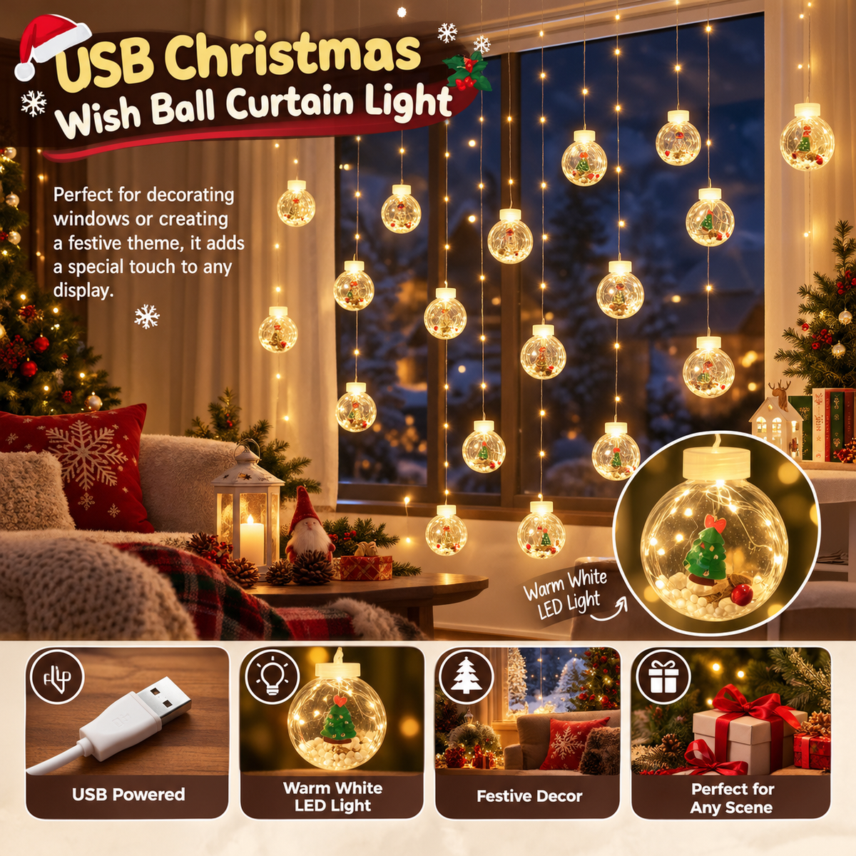 USB Christmas Wish Ball Curtain Lights