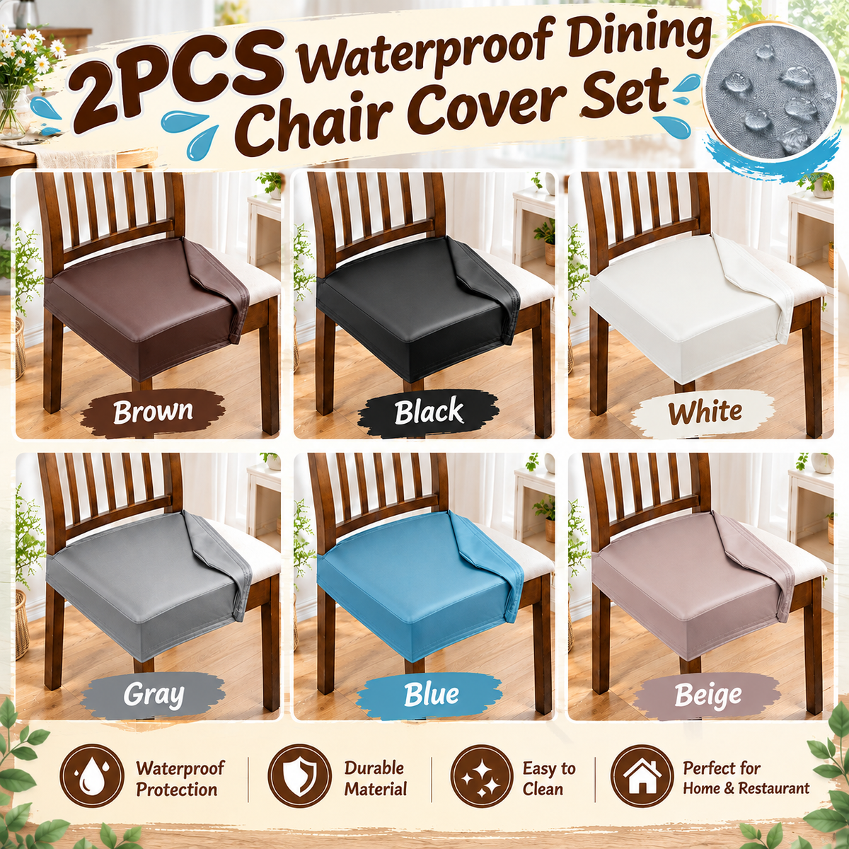 2PCS Waterproof Seat Covers for Dining Room Chairs Set of