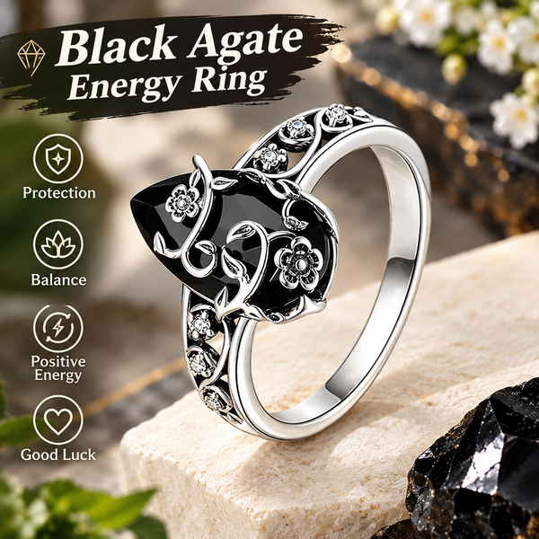 Black Onyx Energy Ring - Floral Vine Teardrop Design