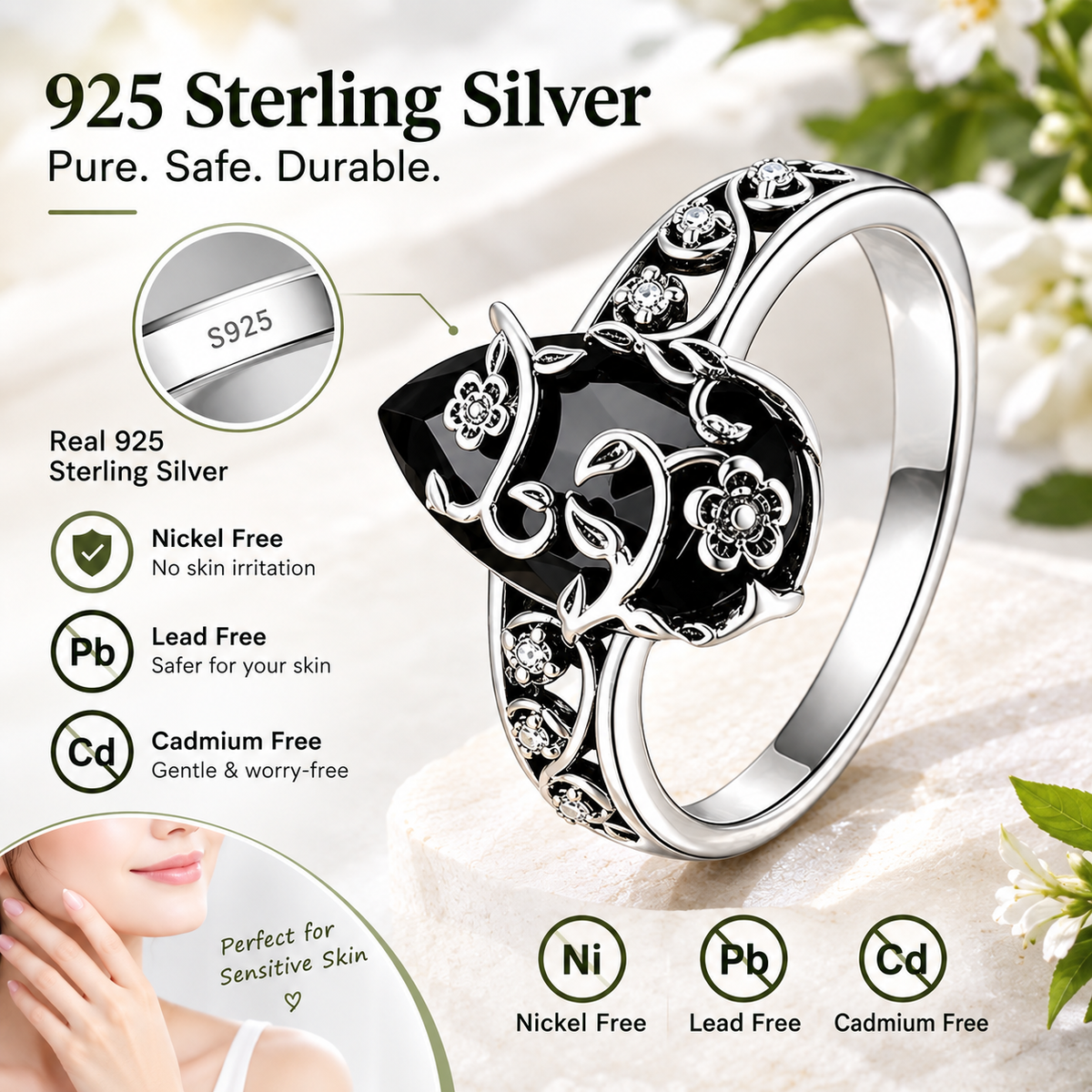 Black Onyx Energy Ring - Floral Vine Teardrop Design