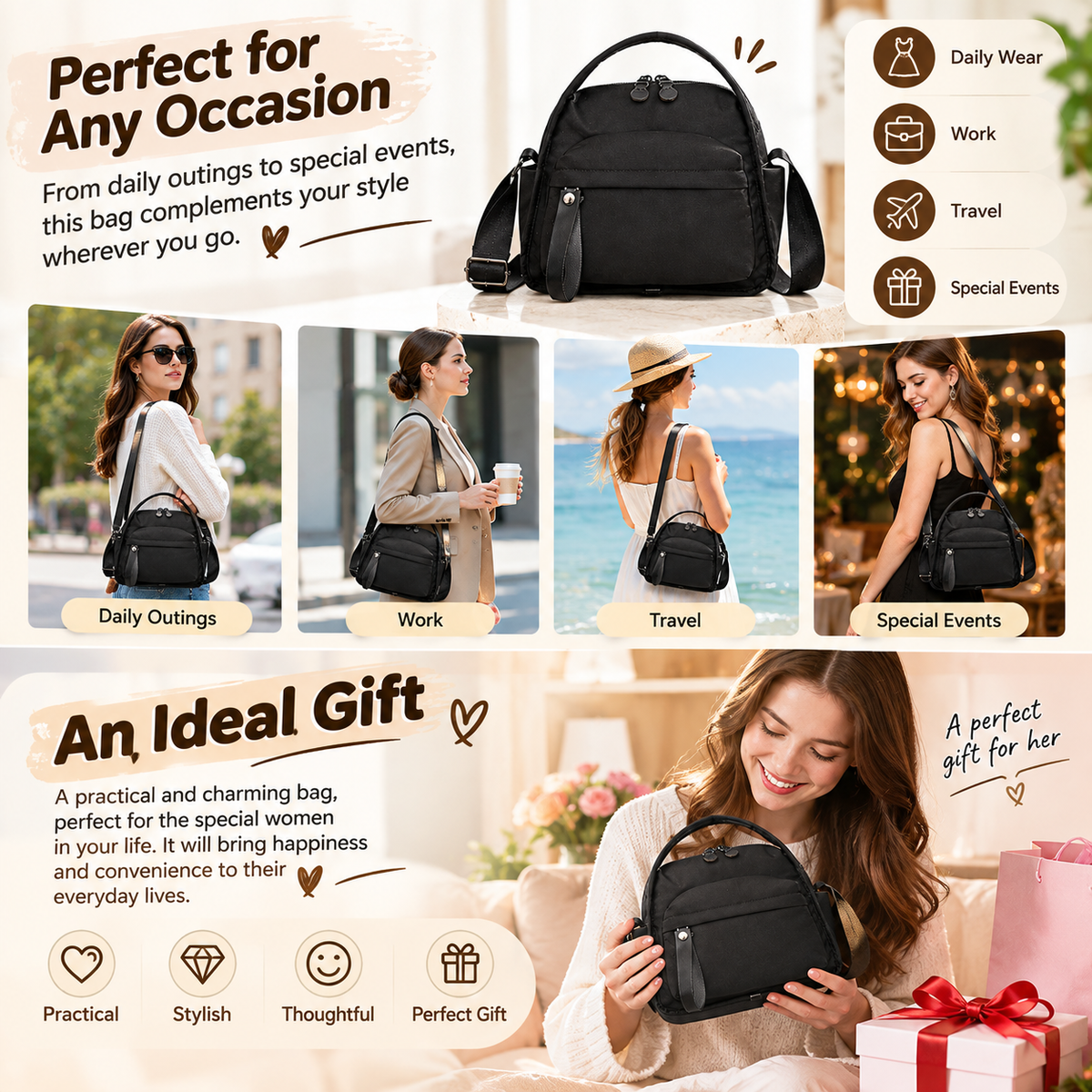 Women's Small Lightweight Quilted Oxford Fabric Tote Bag