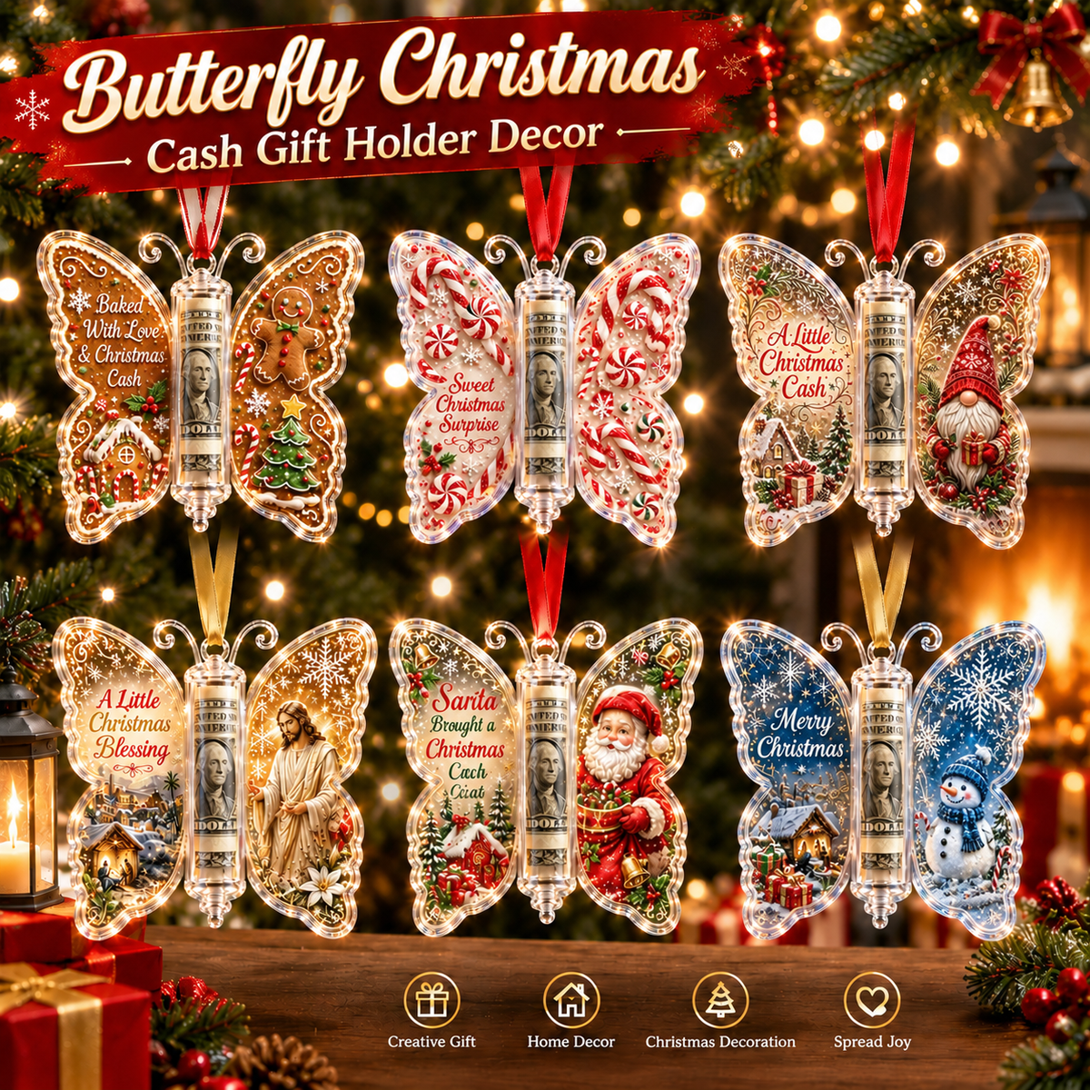 6PCS Butterfly Christmas Cash Gift Holder Ornament
