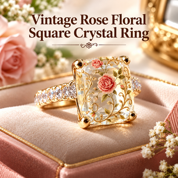 Vintage Rose Floral Printed Square Crystal Statement Ring