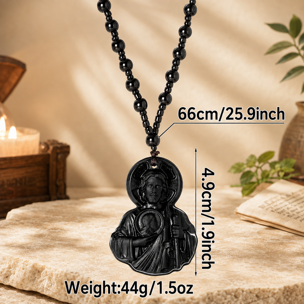Natural Obsidian Jesus Sacred Heart Pendant Necklace