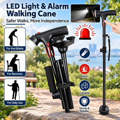 Foldable Smart Cane for Seniors, Adjustable Walking Stick with LED Light
