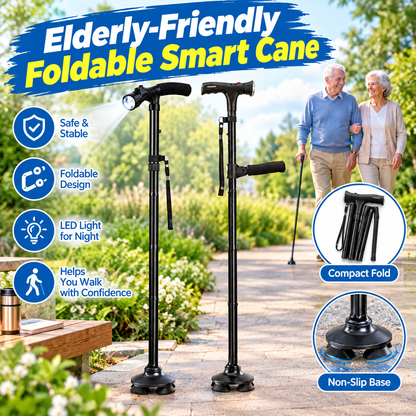 Foldable Smart Cane for Seniors, Adjustable Walking Stick with LED Light