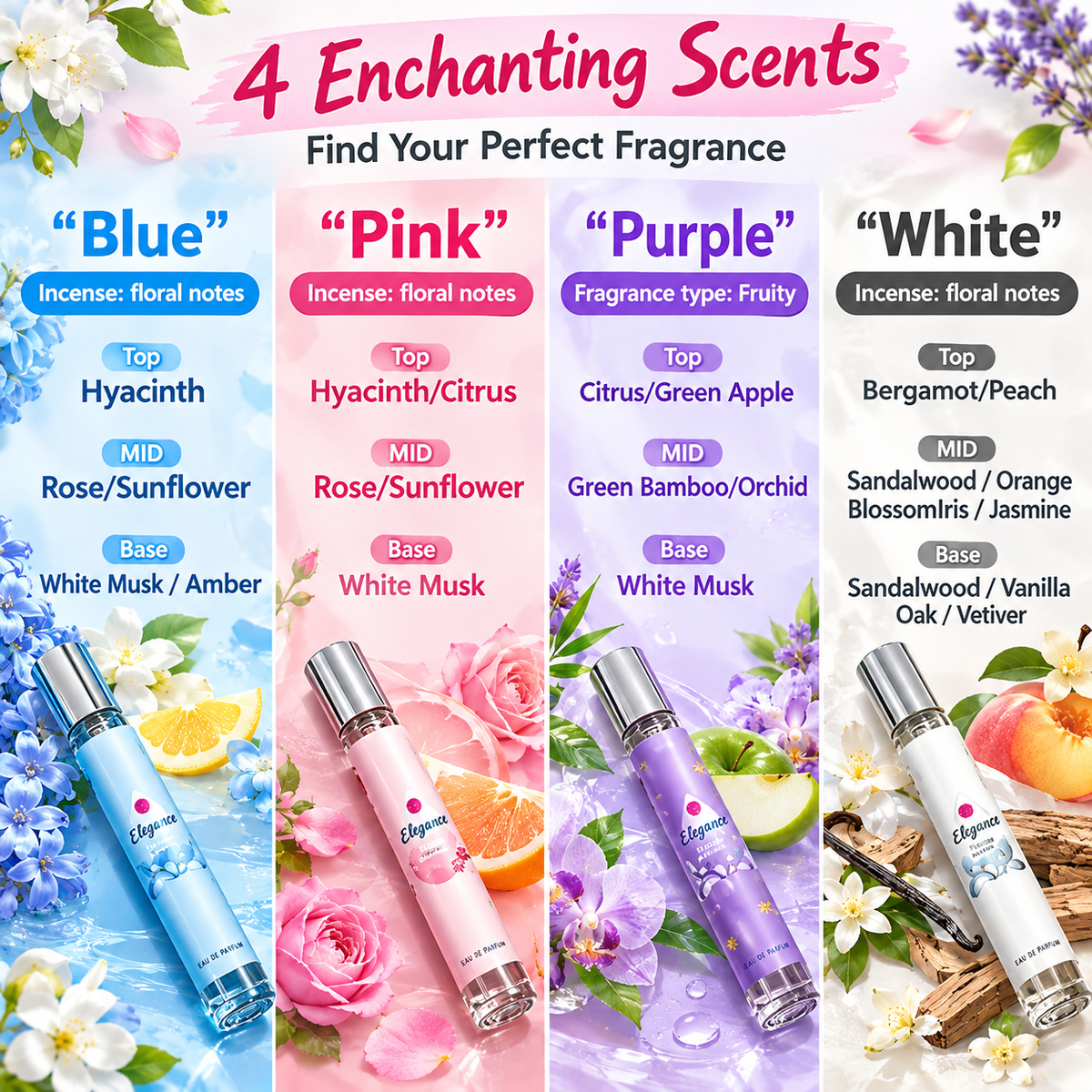 4PCS Natural Fragrance Women's Perfume, Delicate Fresh Scent