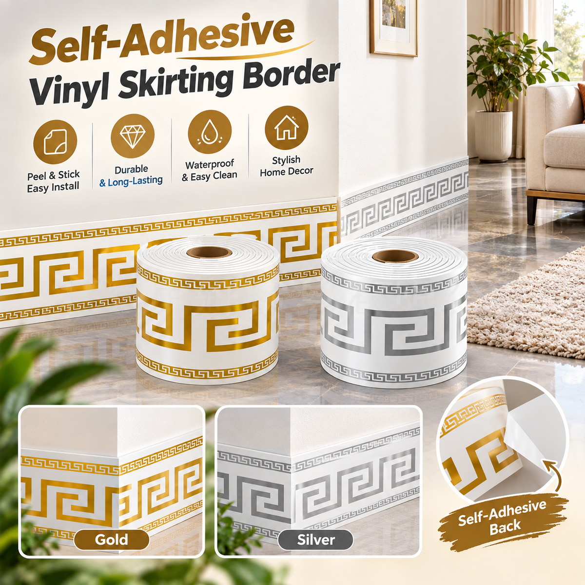 Self-adhesive vinyl skirting trim