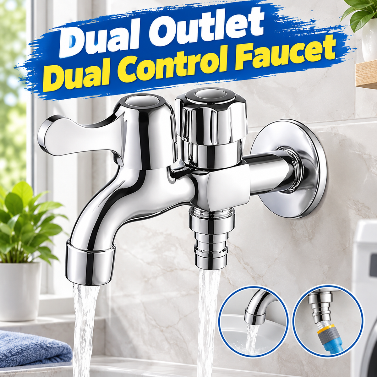 Dual Outlet Dual Control Tap, 1 to 2 Water Splitter Adapter