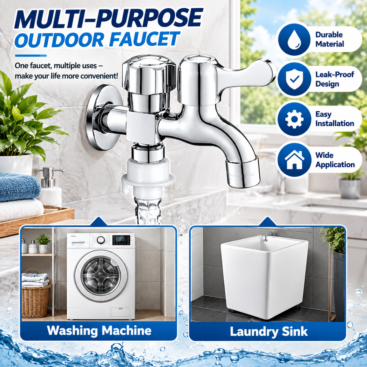 Dual Outlet Dual Control Tap, 1 to 2 Water Splitter Adapter