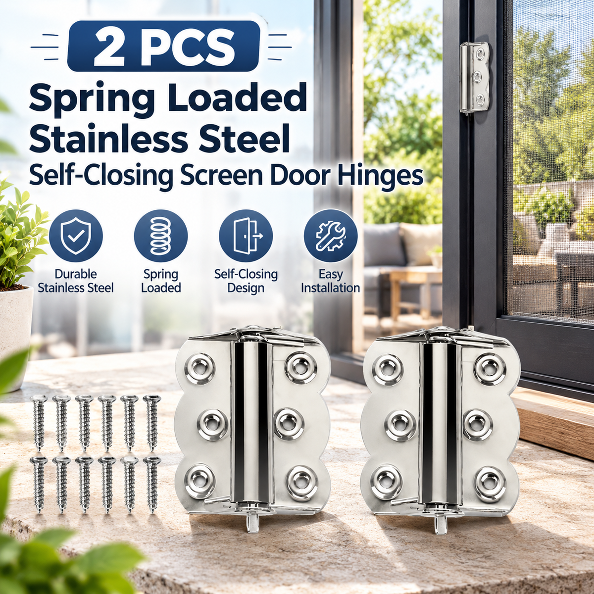 2-Pack Spring-Loaded Stainless Steel Self-Closing Screen Door Hinges