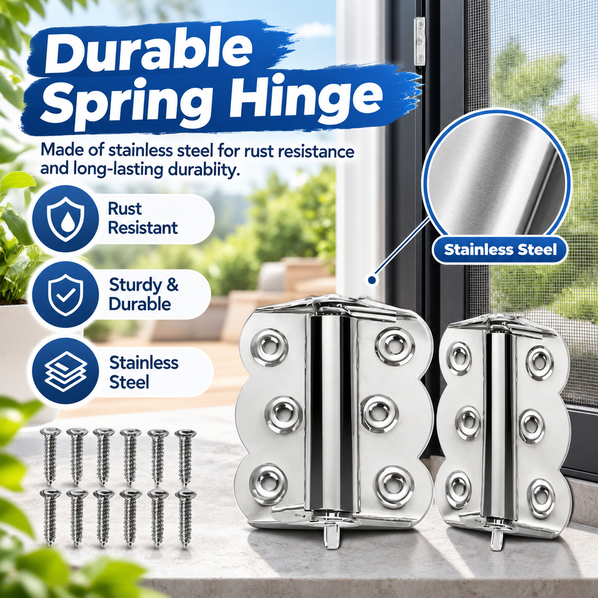 2-Pack Spring-Loaded Stainless Steel Self-Closing Screen Door Hinges