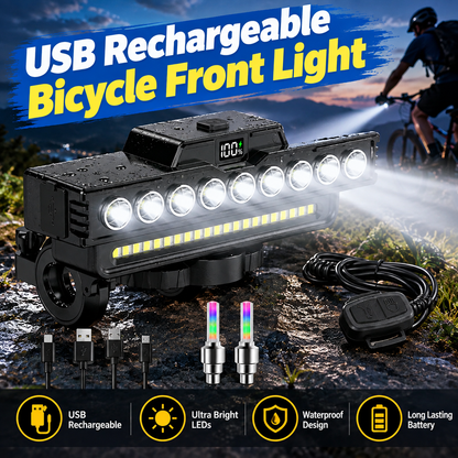 USB Rechargeable Bicycle Headlight with 9LED Horn, Digital LED Display