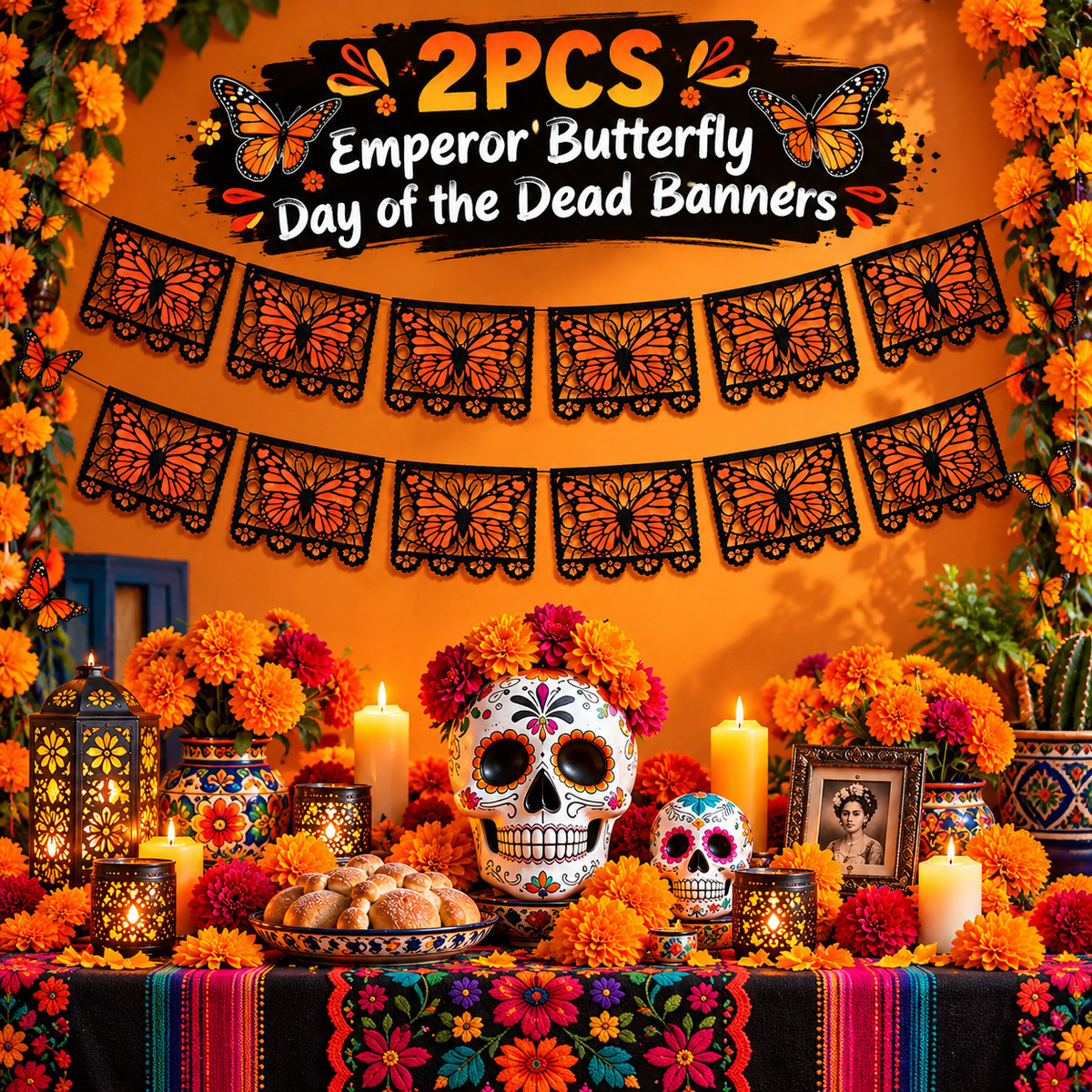 2PCS Monarch Butterfly Day of the Dead Banner