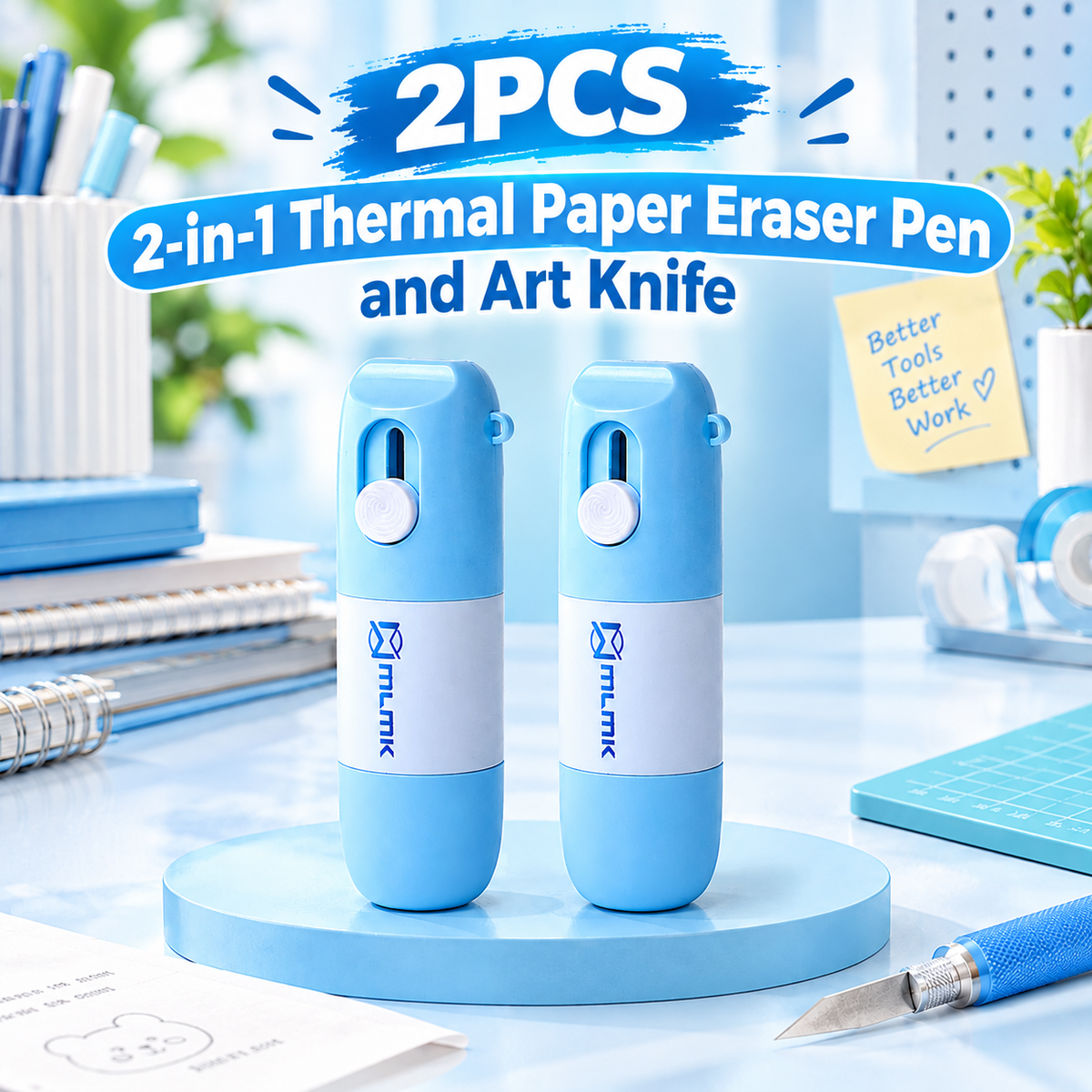2PCS 2-in-1 Thermal Paper Eraser Pen & Craft Knife