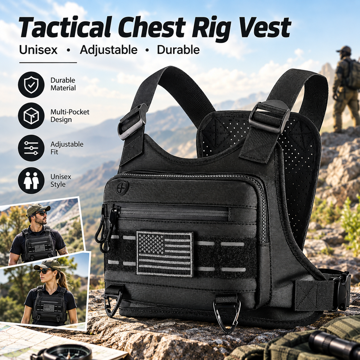 Black Unisex Tactical Chest Vest