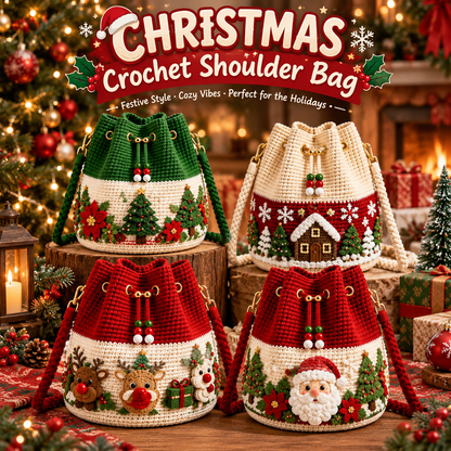 Christmas Crochet Bucket Crossbody Bag with Drawstring