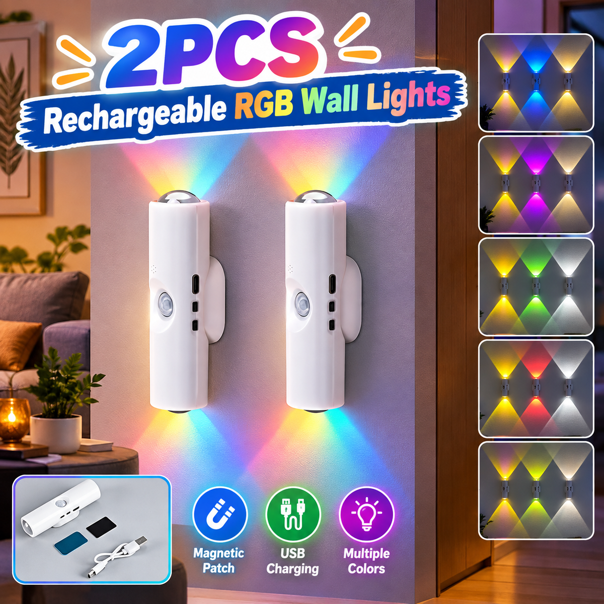 2PCS Rechargeable RGB Wall Lights with Motion Sensor