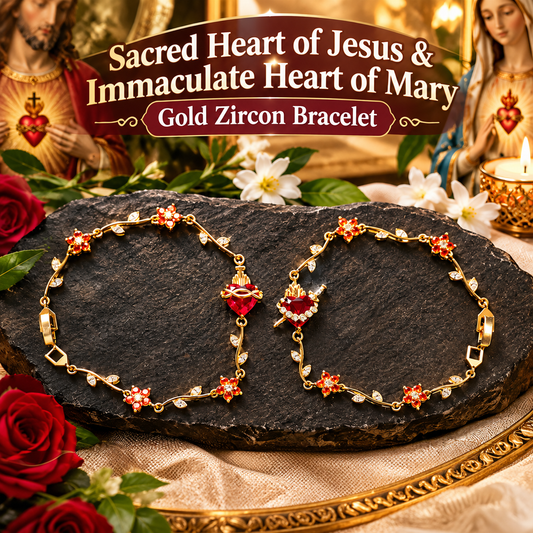 Sacred Heart Of Jesus & Immaculate Heart Of Mary 14K Gold Zircon Bracelet Meaningful Faith Jewelry Gift