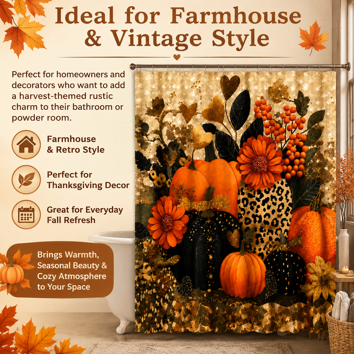 Autumn Harvest Themed Shower Curtain with Pumpkin Leaf, Berry, and Star Print