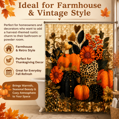 Autumn Harvest Themed Shower Curtain with Pumpkin Leaf, Berry, and Star Print