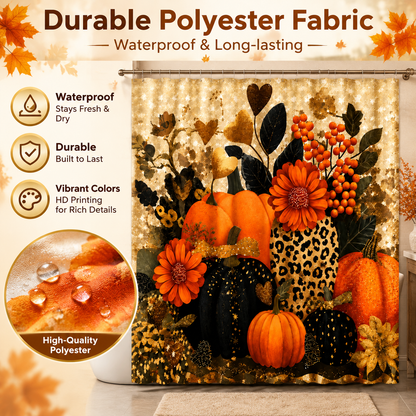 Autumn Harvest Themed Shower Curtain with Pumpkin Leaf, Berry, and Star Print