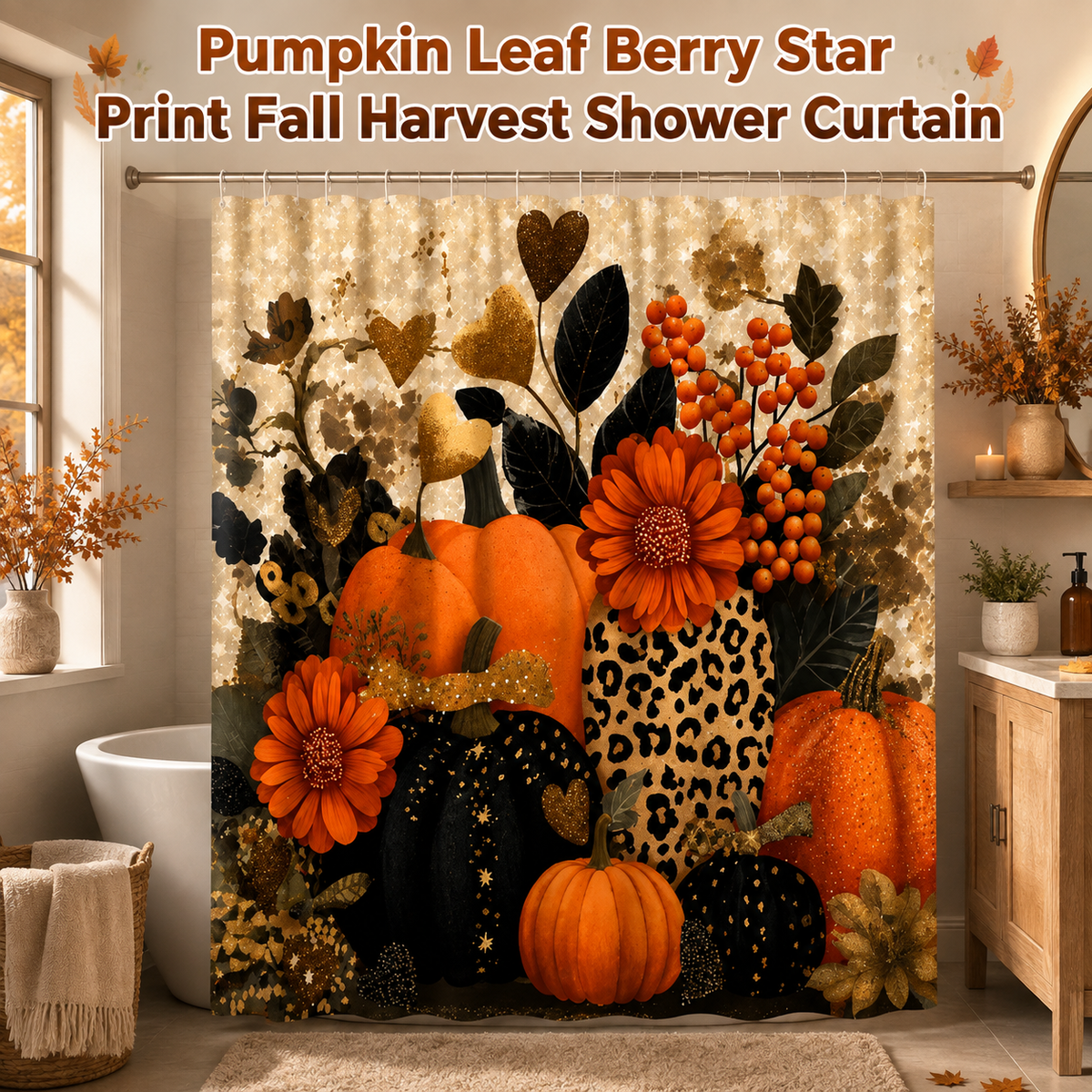 Autumn Harvest Themed Shower Curtain with Pumpkin Leaf, Berry, and Star Print