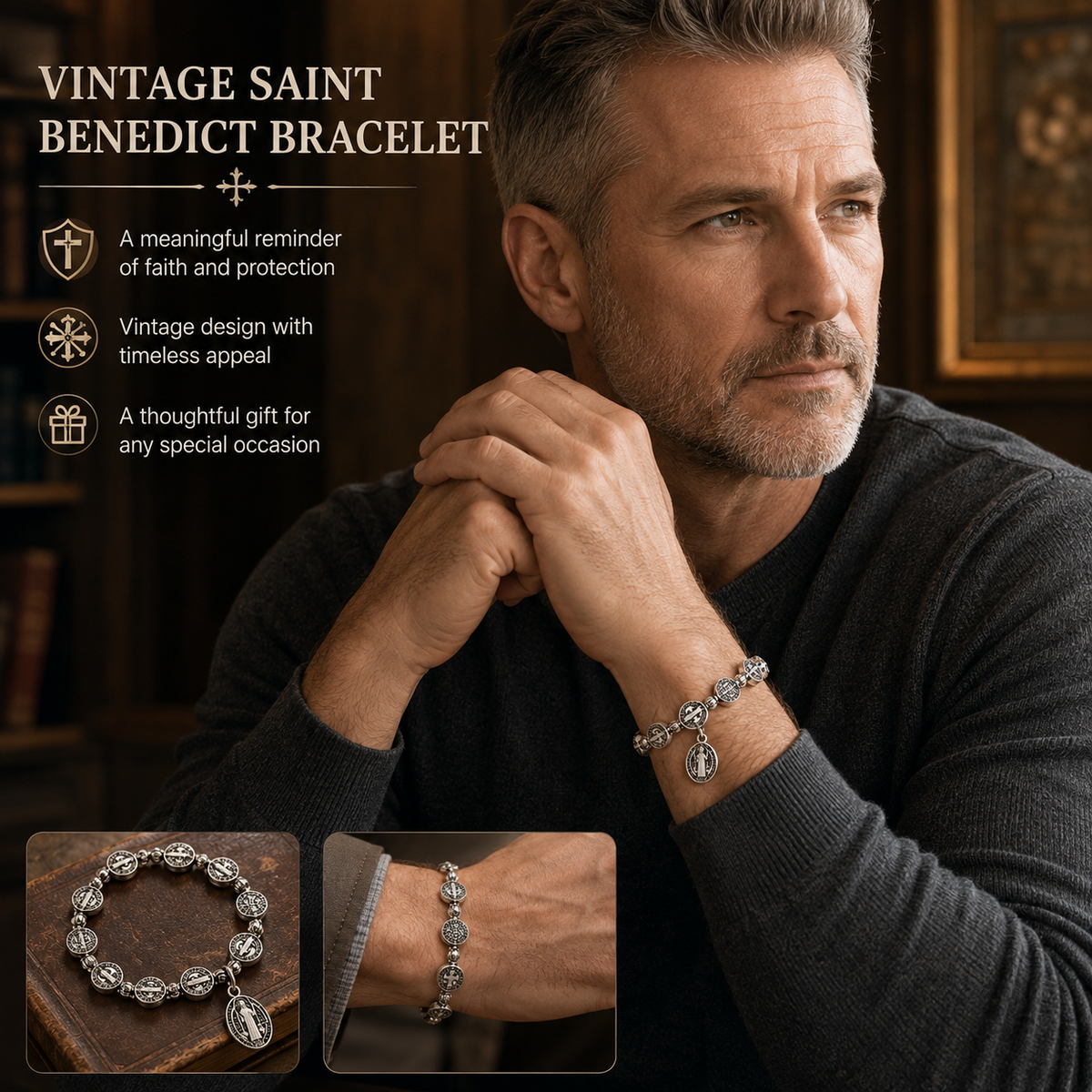 Vintage-style Saint Benedict rosary bracelet