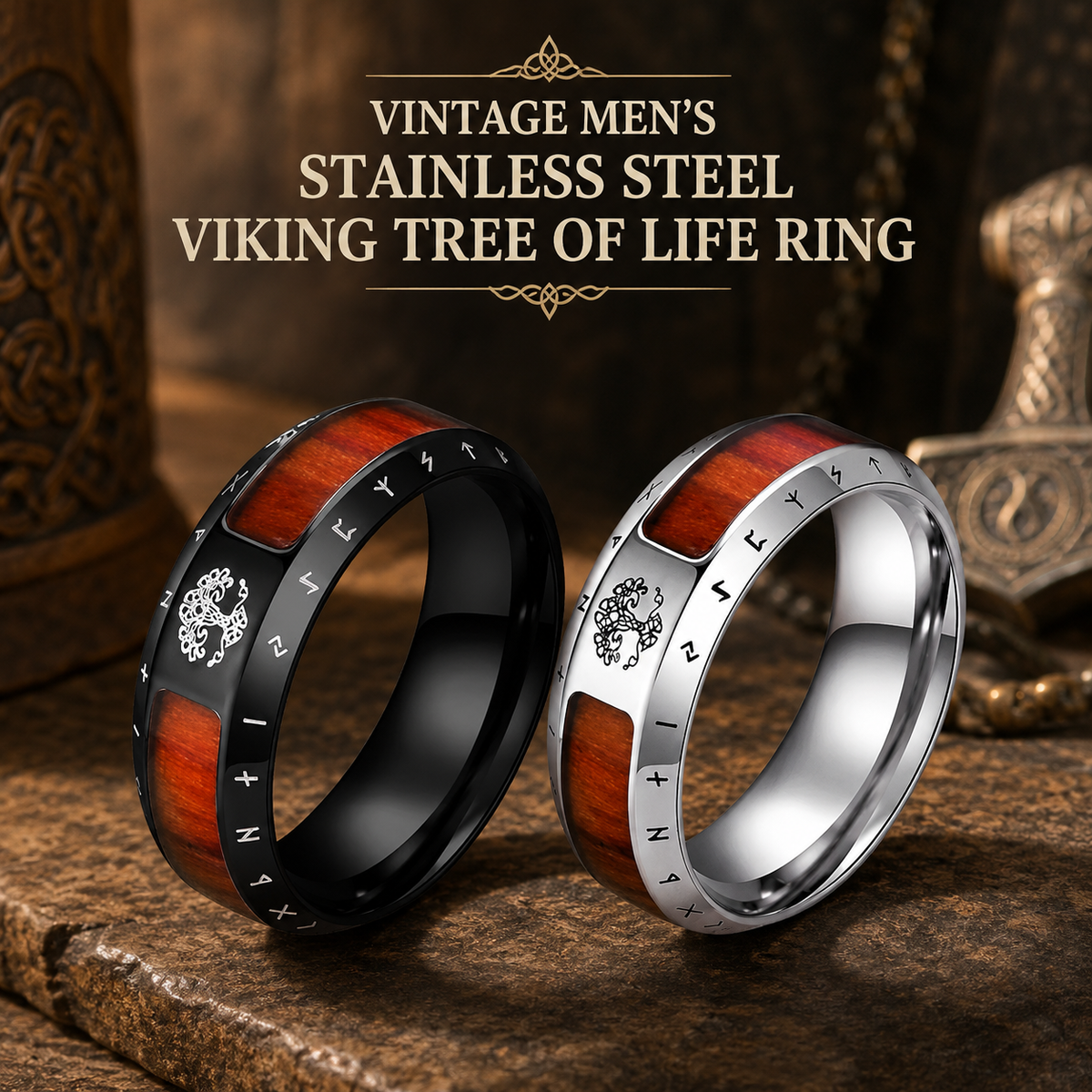 Vintage Men's Stainless Steel Viking Tree of Life Ring
