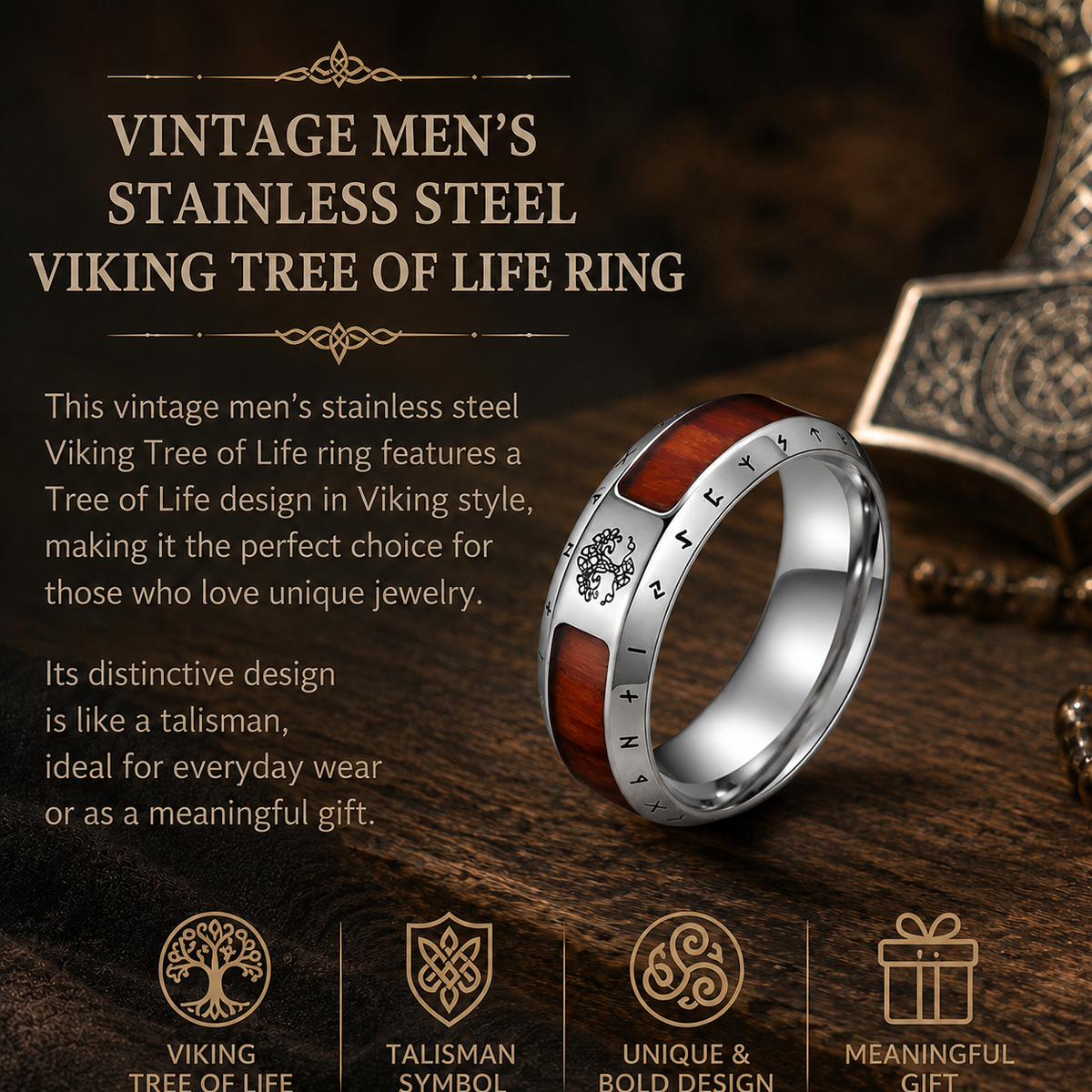 Vintage Men's Stainless Steel Viking Tree of Life Ring