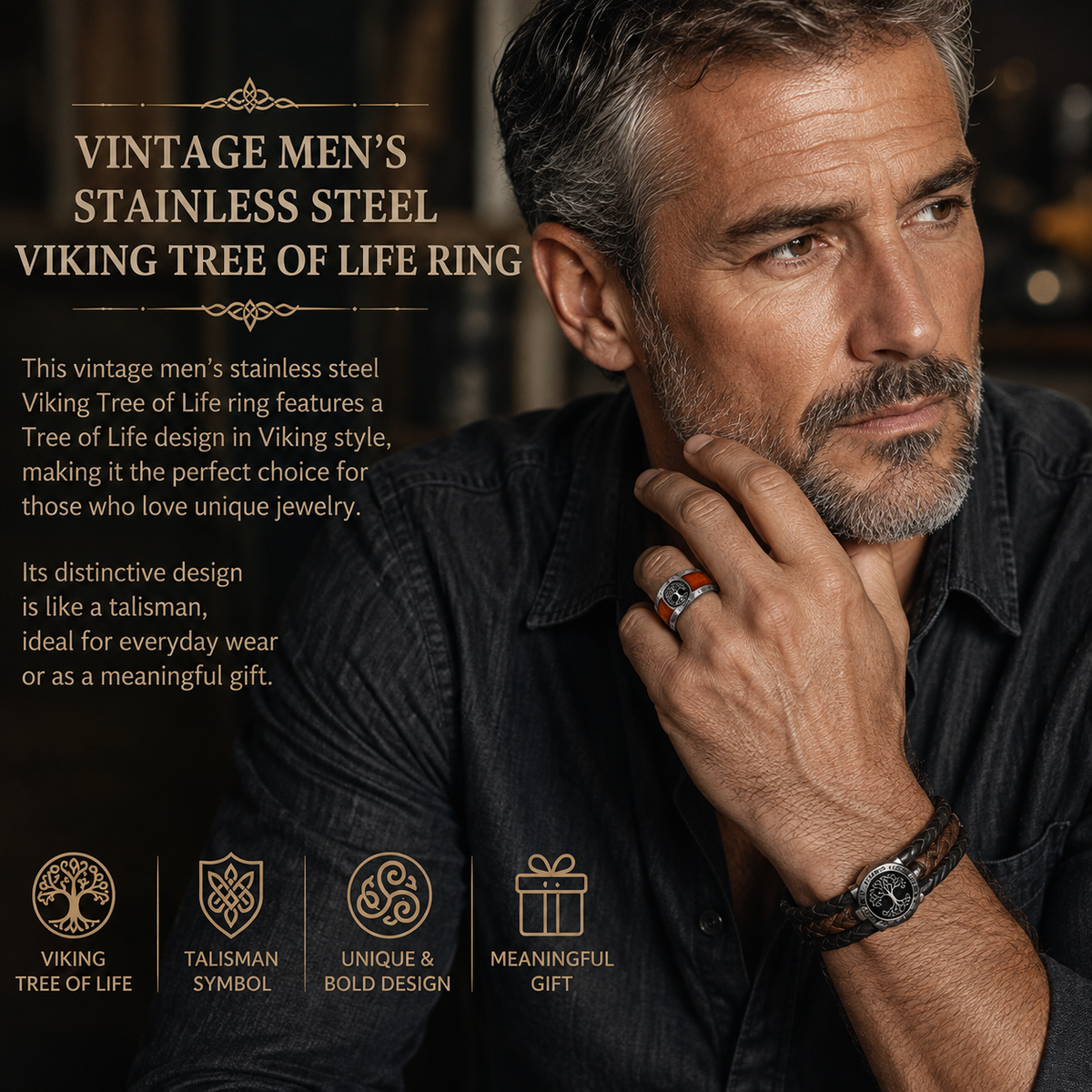 Vintage Men's Stainless Steel Viking Tree of Life Ring