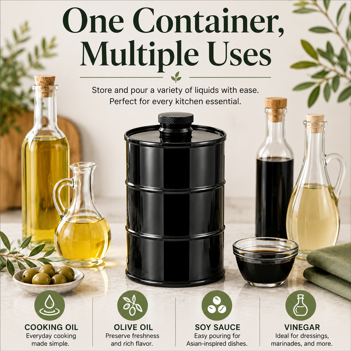 Black Barrel Shaped Stainless Steel Oil Dispenser Bottle