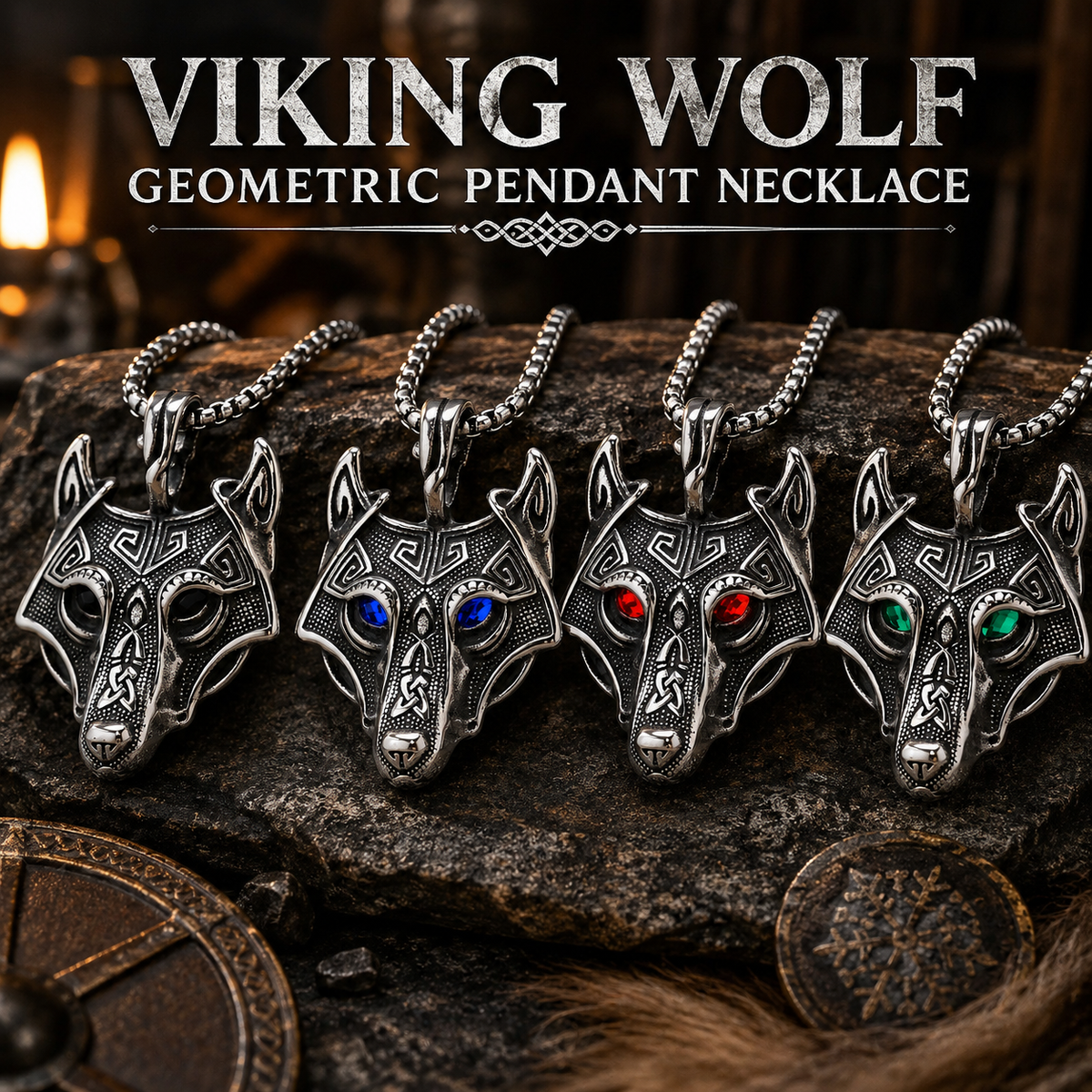 Viking Wolf Head Geometric Pendant Necklace for Men