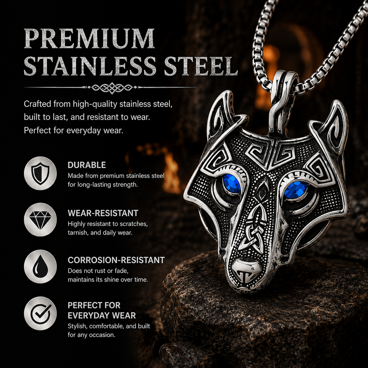 Viking Wolf Head Geometric Pendant Necklace for Men