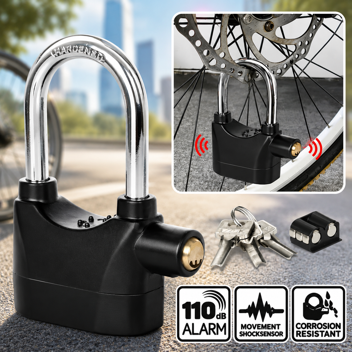 Alarm Hanging Lock, 110db Outdoor Stainless Steel Door Alarm Lock, Includes 3 Keys,