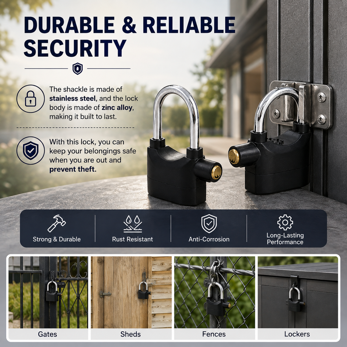 Alarm Hanging Lock, 110db Outdoor Stainless Steel Door Alarm Lock, Includes 3 Keys,
