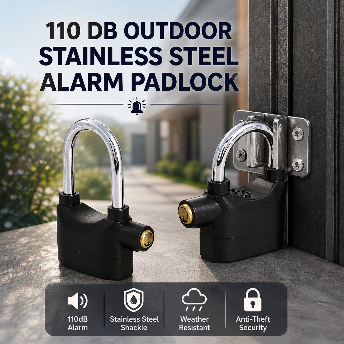 Alarm Hanging Lock, 110db Outdoor Stainless Steel Door Alarm Lock, Includes 3 Keys,