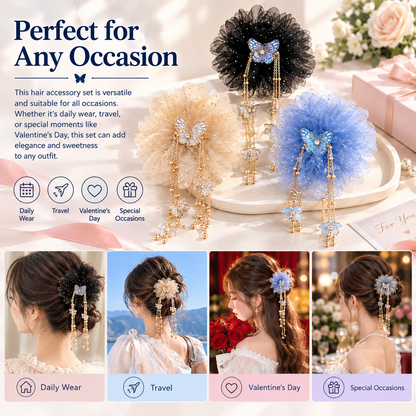 3-Piece Butterfly Tassel & Tulle Peony Hair Clip Set