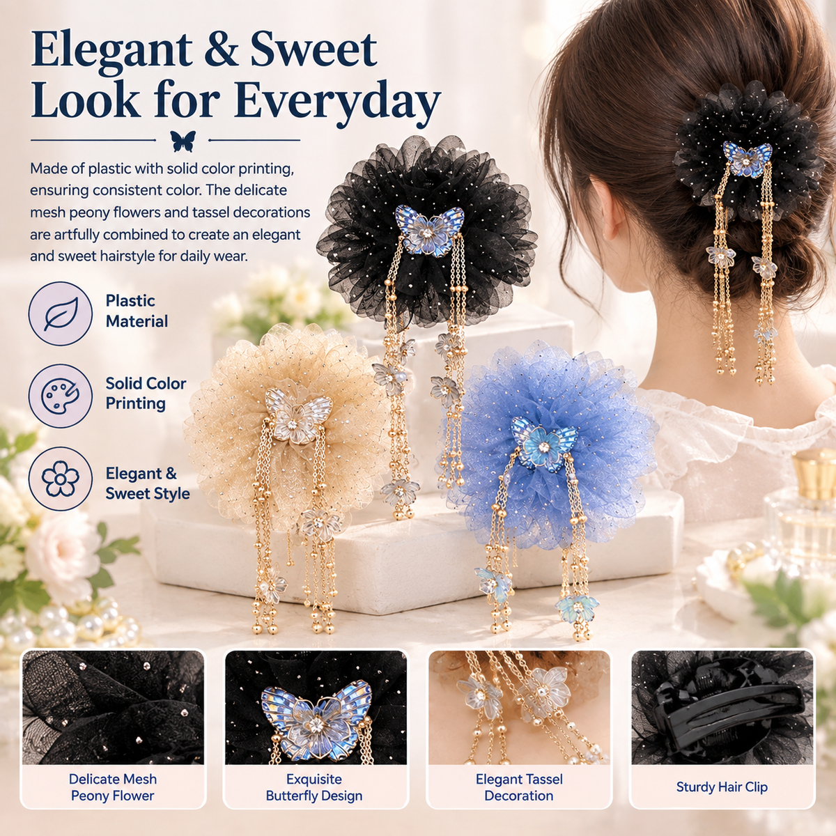 3-Piece Butterfly Tassel & Tulle Peony Hair Clip Set