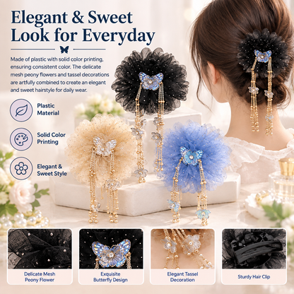 3-Piece Butterfly Tassel & Tulle Peony Hair Clip Set