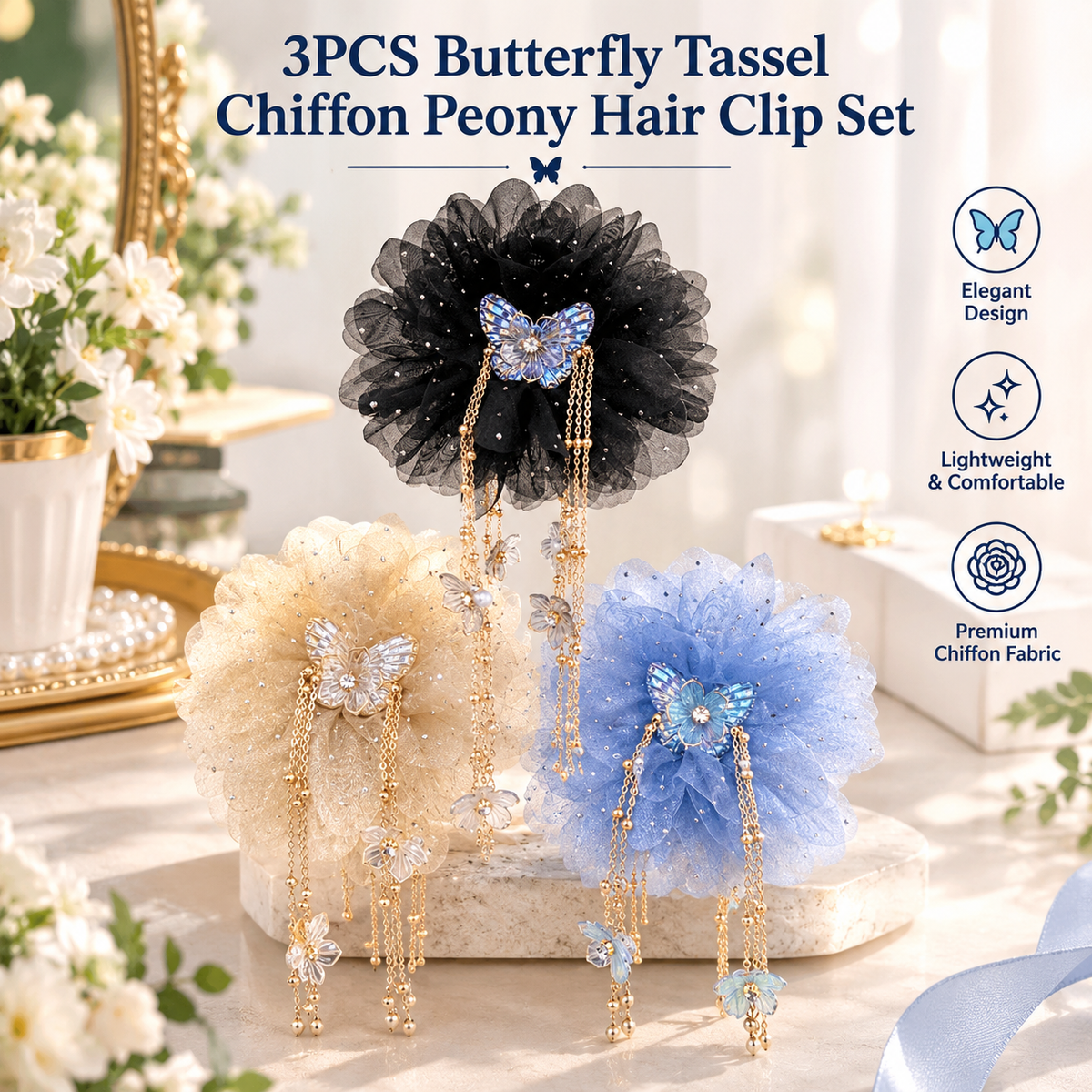 3-Piece Butterfly Tassel & Tulle Peony Hair Clip Set