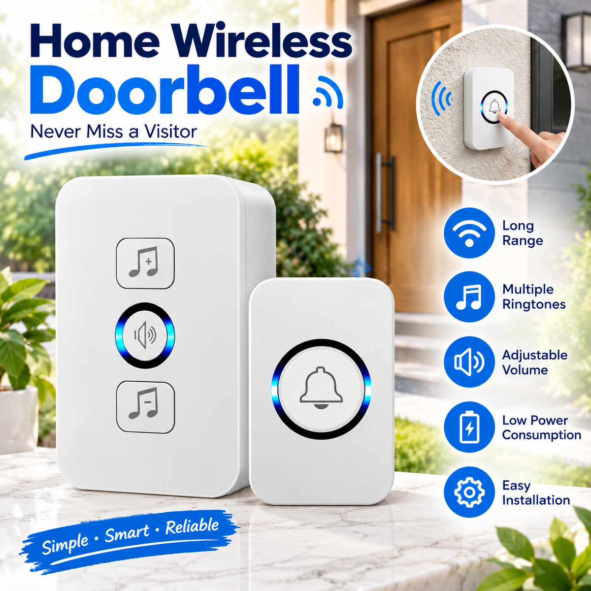 Wireless Doorbell for Home 1 Receiver 1 Button 38 Chimes 4 Volume Levels 160M Long Range
